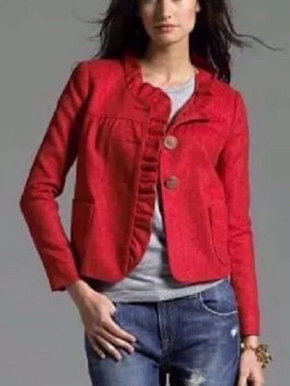 J.Crew Y2K Fiona Wool Herringbone Ruffle Jacket Rhubarb Red Size 6 FA08